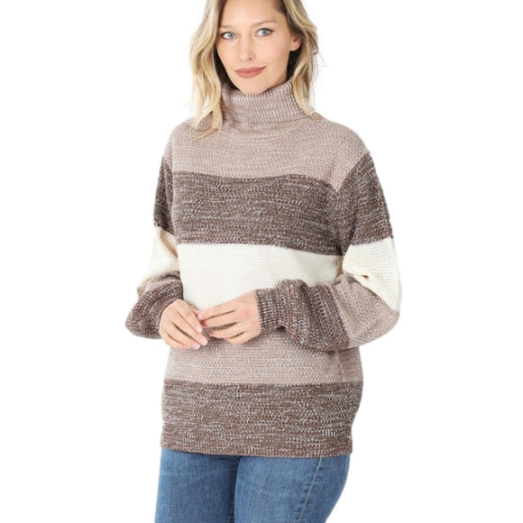 Zenana Outfitters Sweaters - Zenana Sweater Women's XL Color Block Cable Knit Turtle Neck Brown/White